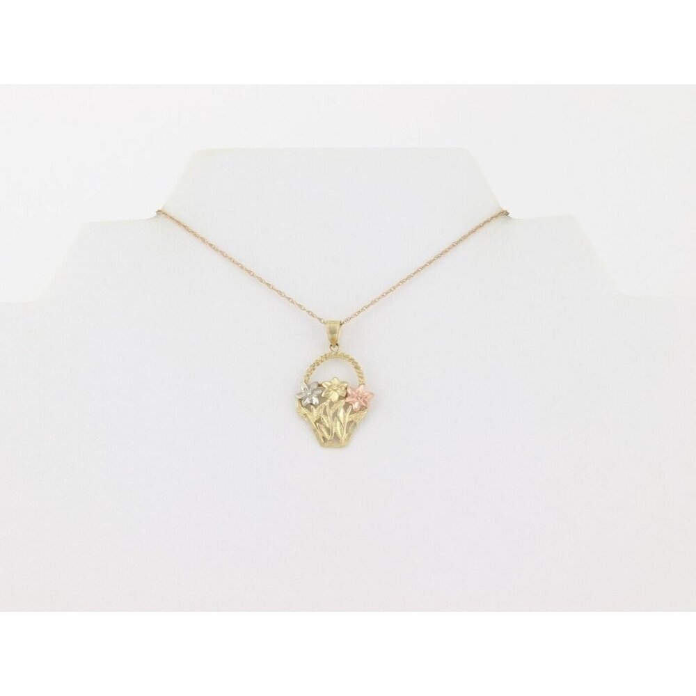 10k Yellow Gold White Gold Rose Gold Flower Basket Necklace 18" Chain - Picture 6 of 7